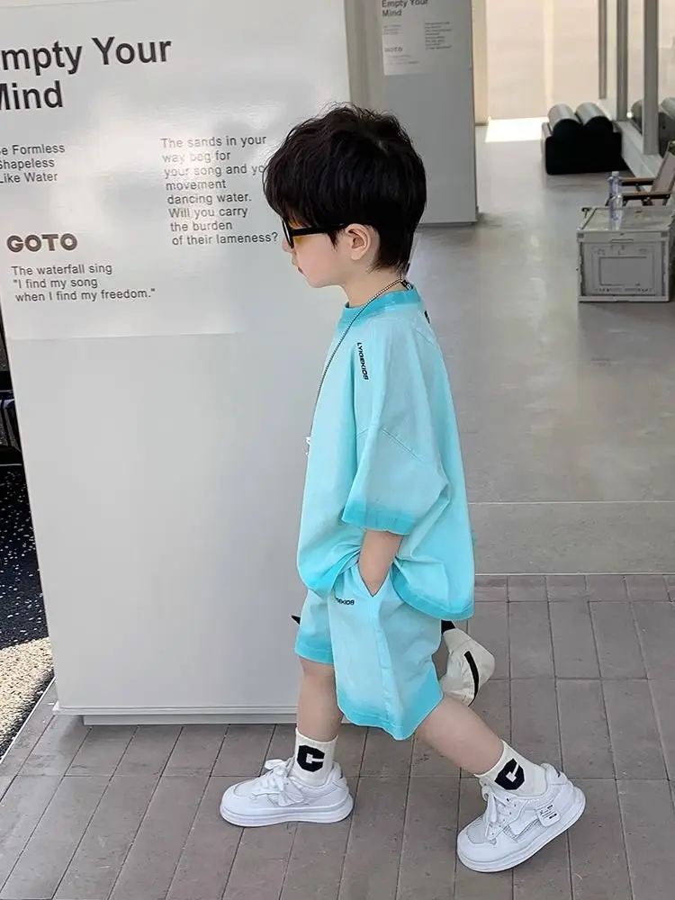 Boys Summer Suit T-shirt for Childrens 2024 New Summer Trendy and Stylish Pure Cotton Sports Style Two-piece Set Boys Clothes