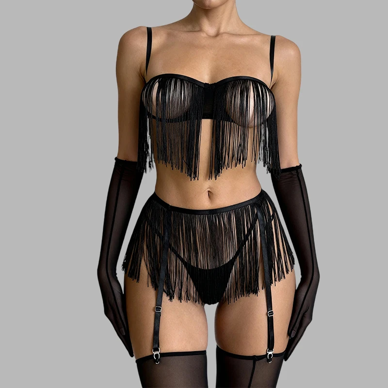 

Toucheart Sexy Lingerie for Women Solid Color Tassel Patchwork Mesh See-through 5-piece Set Garters Women's Underwear Halter Bra