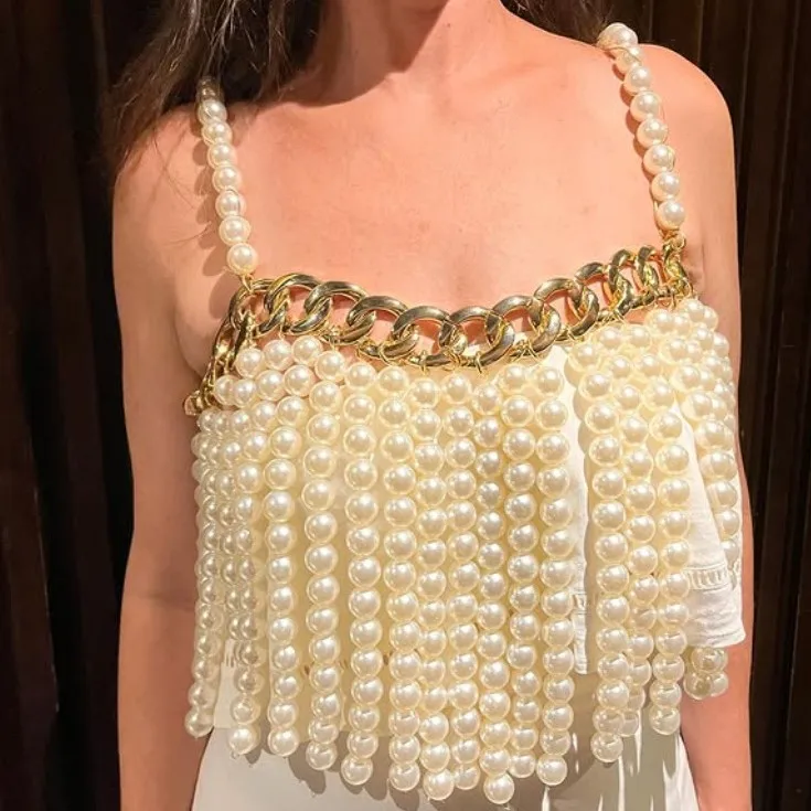 

Large Plastic Pearls Tassel Camis for Women Pearls Strap Backless Tops Luxury Crop Top Breast Chain Цепочки Для Тела Beaded Tops