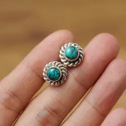 Glossy vintage 925 Silver Natural Turquoise earrings for women Party Unusual earings stud Flower Green earrings Jewelry