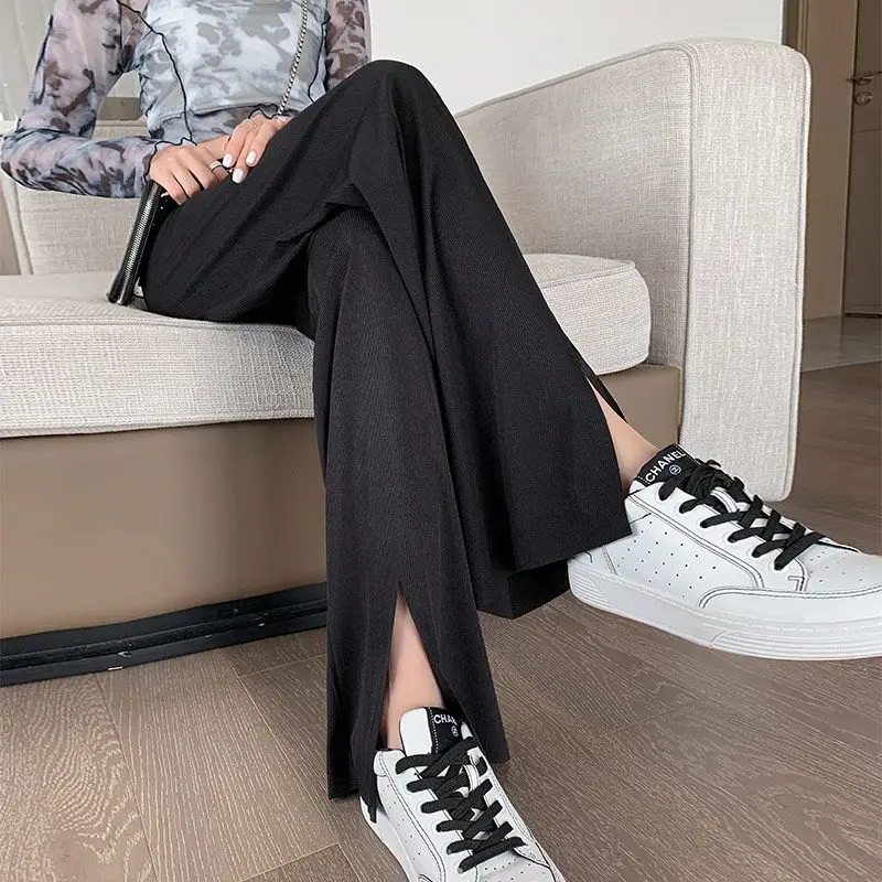 Slit Meat-covered Ice Silk Women for Summer Thin Loose Straight Black Large Size Casual High Waist Drooping Wide-leg Pants