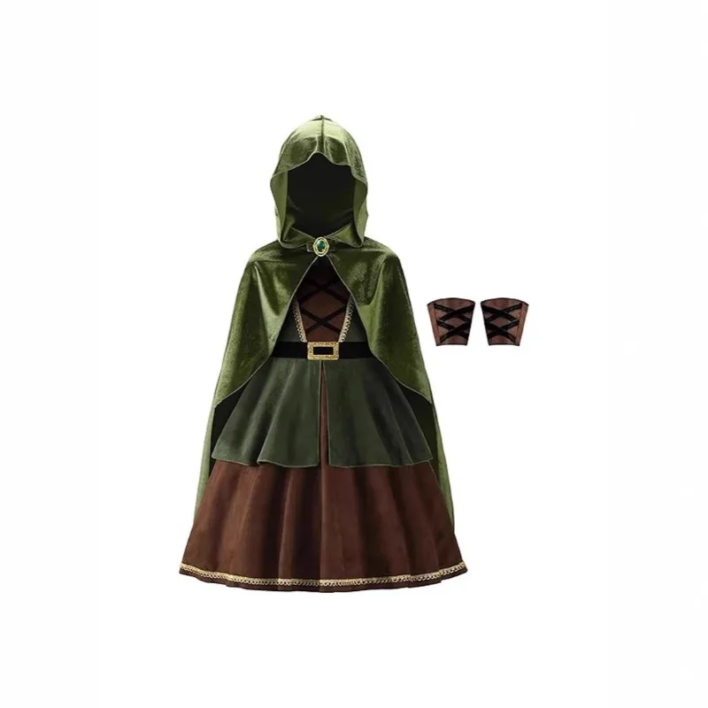 Kids Medieval Hood Cloak Dress With Wrist Guards Girls Green Witch Wizard Elf Cosplay Costume Halloween Carnival Party Outfits - view 3