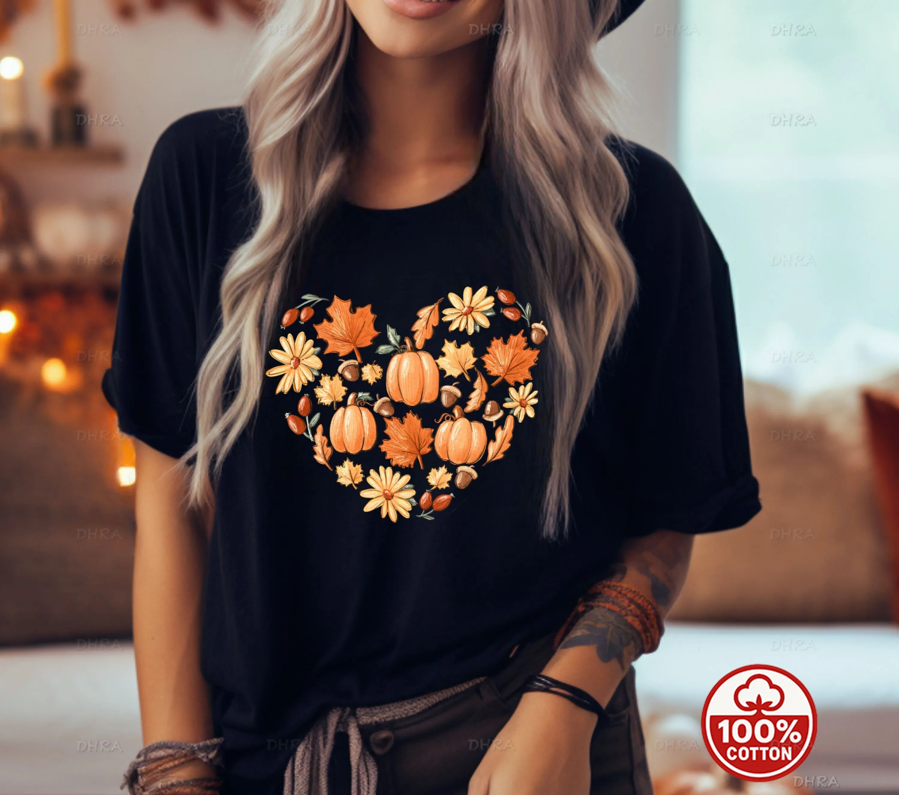 Fall Pumpkin Heart T-Shirt Autumn Leaves Flowers Acorn Thanksgiving Graphic Tee Unisex Cotton Top