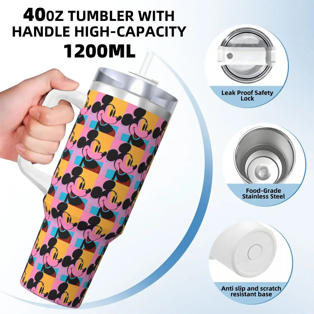 Stainless Steel Tumbler Mickey Mouse Car Mugs With Straws Travelist Cold Drink Water Bottle Heat Preservation 40oz Thermal Cups