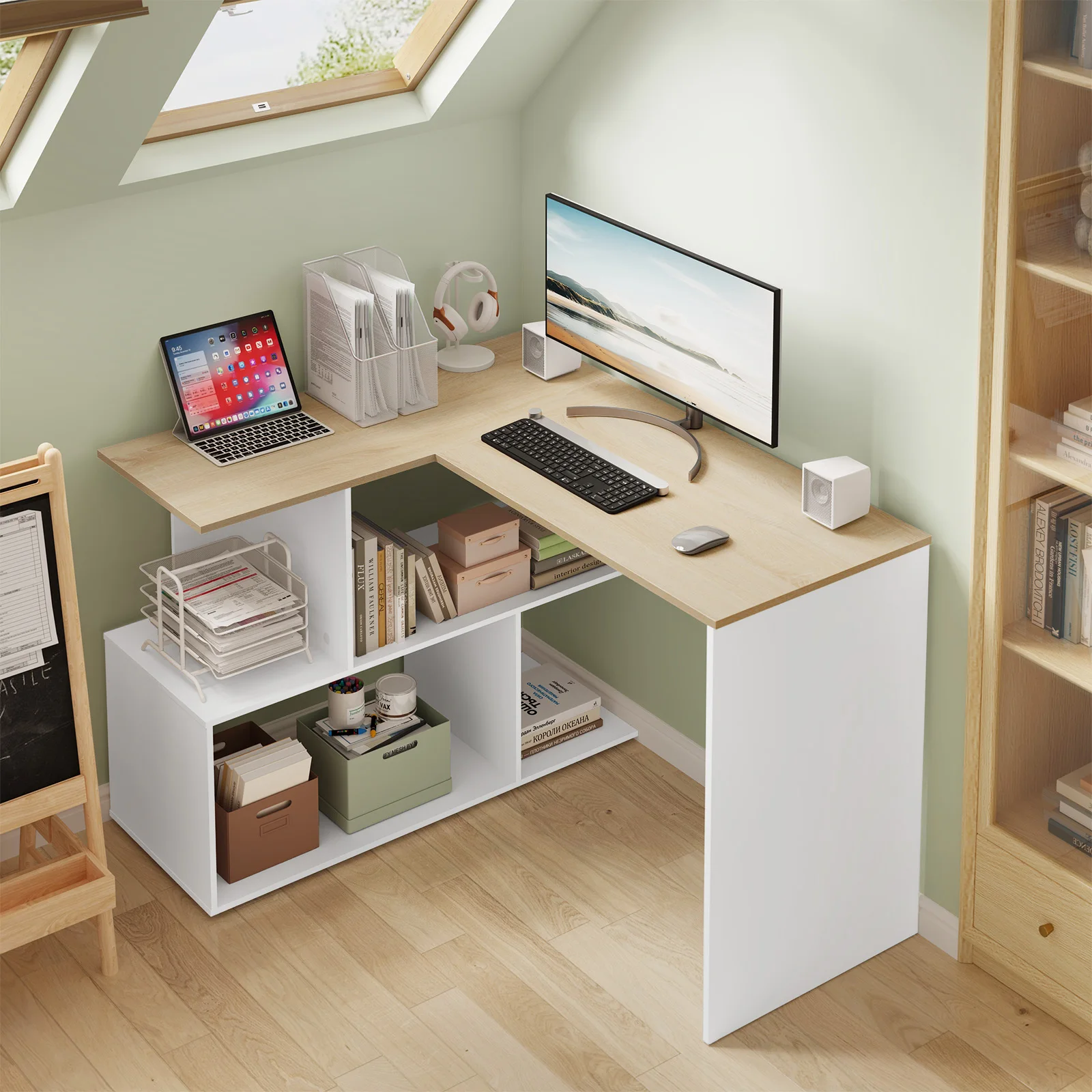 WOLTU Scrivania da studio a forma di L Tavolo da gioco 120x100 cm con spazio di archiviazione Scrivania per computer con ripiano Scrivania ad angolo per lavoro in soggiorno