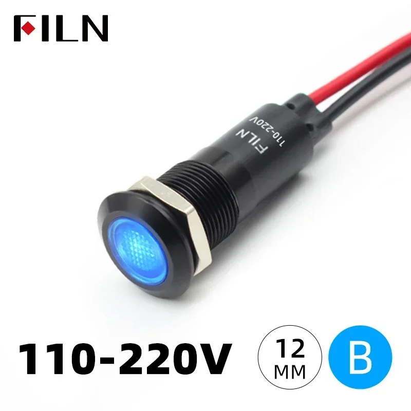 FILN 12mm 12V-24V 110-220V Metal Panel Pilot LED Dashboard Signal Indicator Warning Light with Chromed Cable for Car Boat Marine