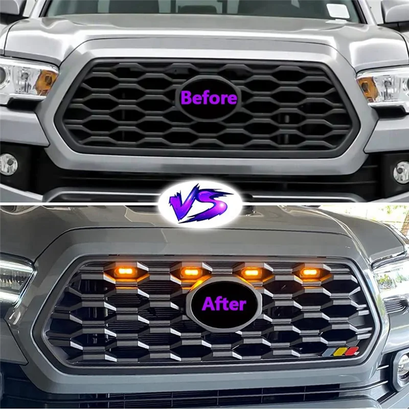 Carro LED Front Grill Luzes, Lâmpada Grill Externa, Fumaça, Luz Âmbar, Acessórios para Carro, 4Pcs