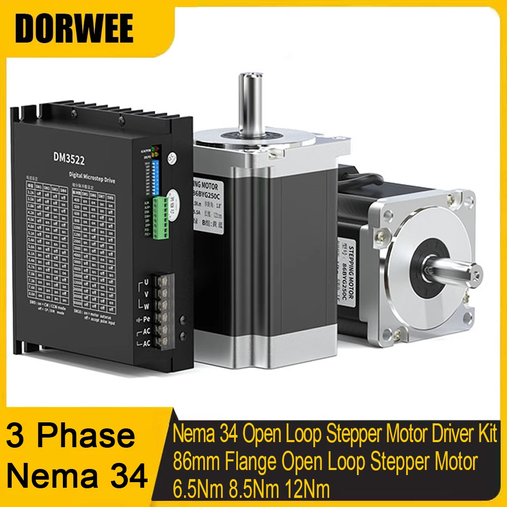 3 Phase Nema34 Open Loop Stepper Motor 86mm Flange Stepper Motor 6.5Nm  8.5Nm 12Nm 14mm Shaft Motor AC110-220V DM3522 Driver Kit