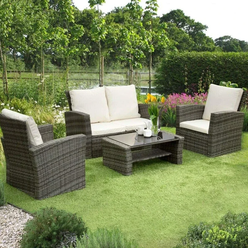 Outdoor Garden Patio/Conservatory 4 Seater Sofa and Armchair set with Cushions and Coffee Table