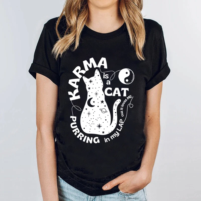 

Karma Is A Cat T-Shirts Women Graphic & Letter Print Tshirt Vintage Animal Street Funny O-Neck Clothing Fashion T Shirt Female