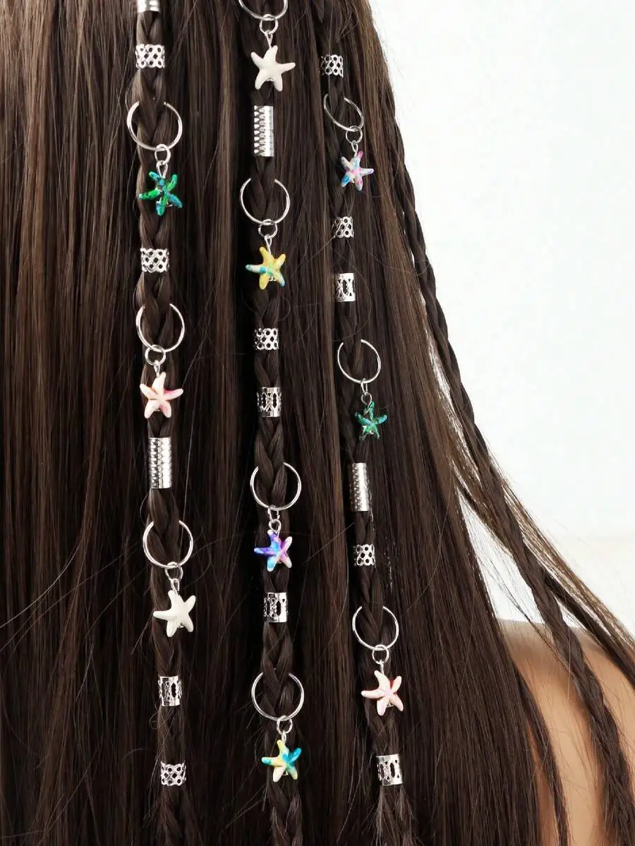 

26Pcs Women’s Braided Hair Rings With Colorful Starfish Charms, Beachy Summer Hair Decor For Festival Travel Party