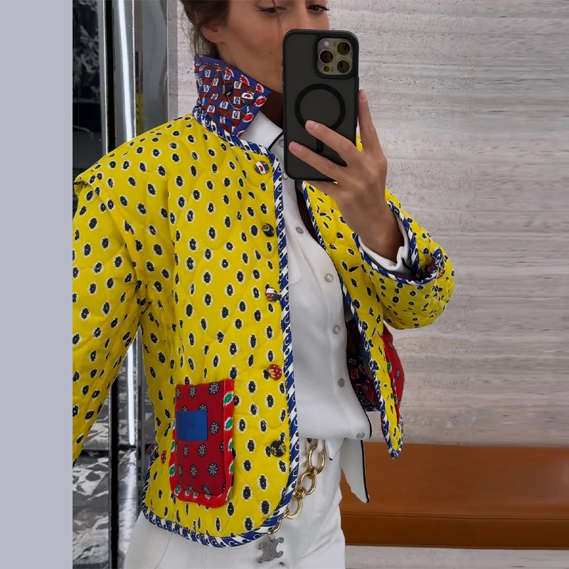 Reversible Jacket Retro Print Color Block Coat Woman Lapel Collar Top Striped Patch Pocket Outerwear Winter Autumn Clothes