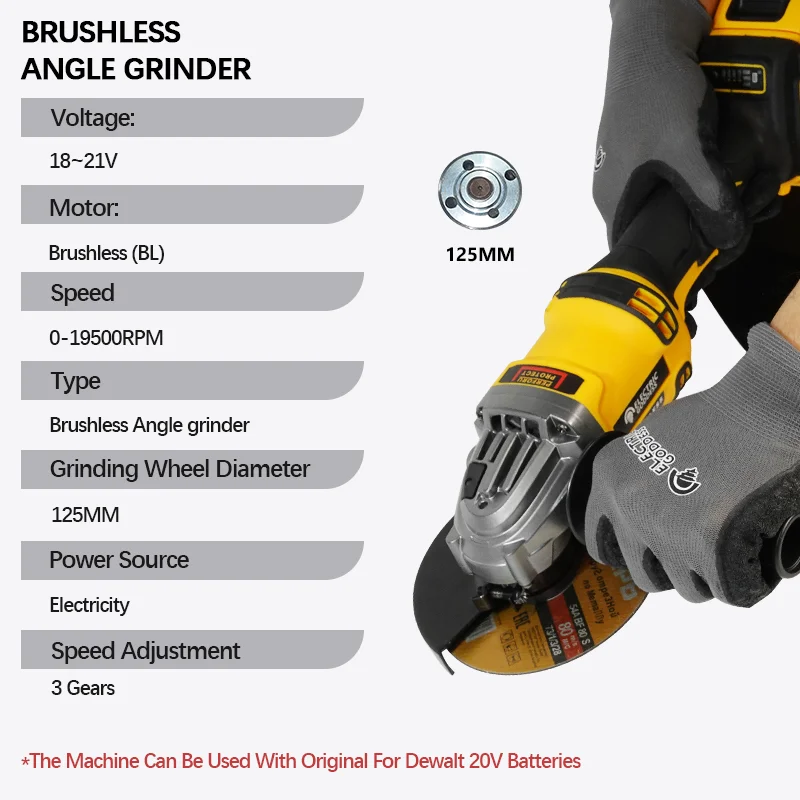 Electric Goddess DCG414 125mm Brushless Angle Grinder Cordless Metal Cutting Machine Power Tools For Dewalt 20v Batteries