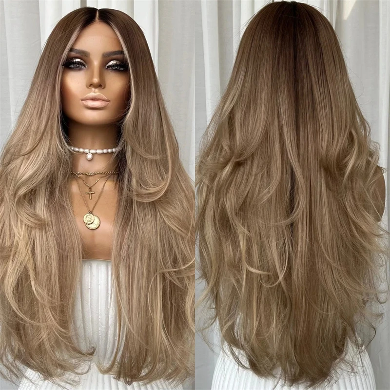 

Вечеринка Косплей 13x4 Ombre Коричневые Светлые Волосы Парики Фронта Шнурка 180% Плотность Хорошее Качество Синтетические Парики Супер Длинный Парик Натуральных Волнистых