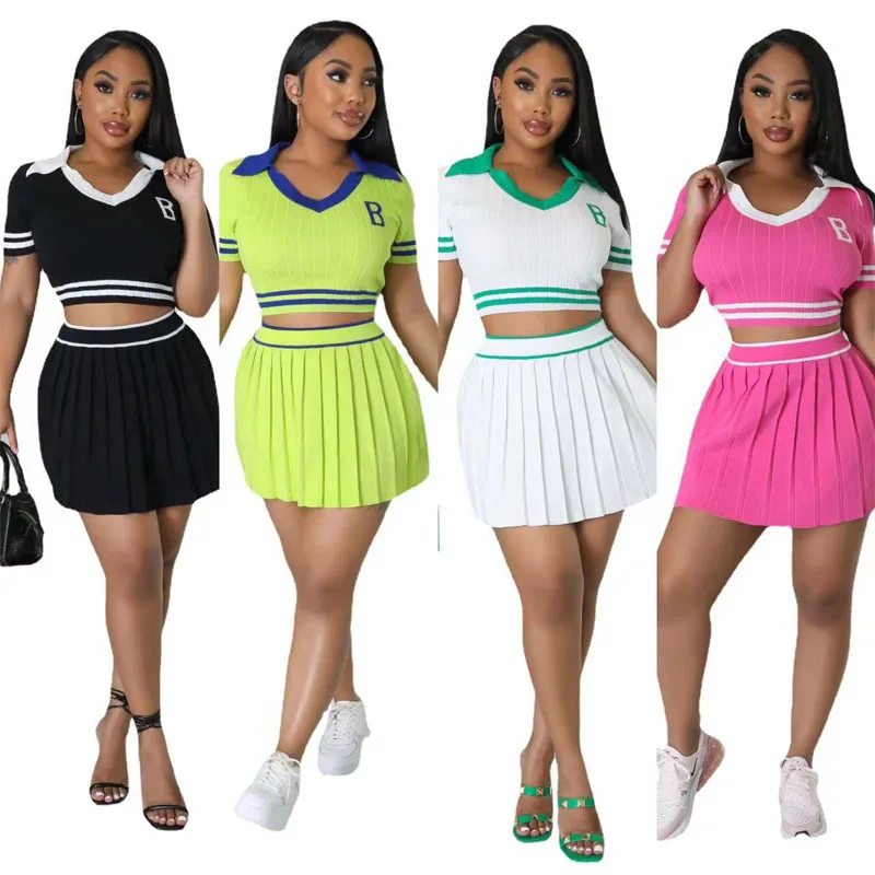 Women\'s Knitted Stretch Tennis Sports Two 2 Piece Sets Polo-collar T-shirt and Pleated Skirts Running Workout ClothesOutfits