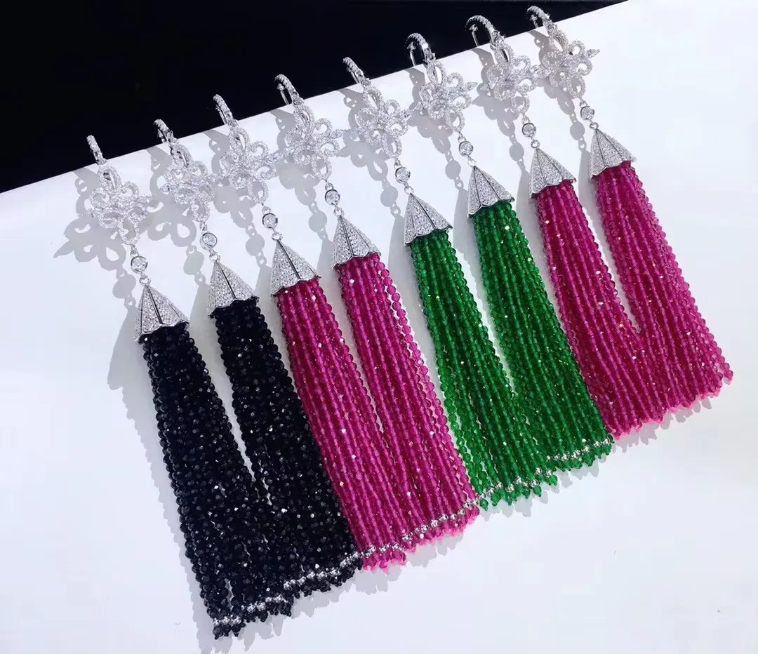 1 Paris 12 Rows Natural Green /Pink Jade Silver Plated Cz Pave Earrings