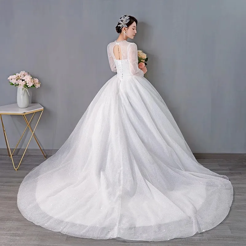 It's Yiiya Wedding Dresses Pearls Bling Tulle O-neck Full Sleeves Floor Length Plus size Princess Trailing Plus sizw Bride Gowns