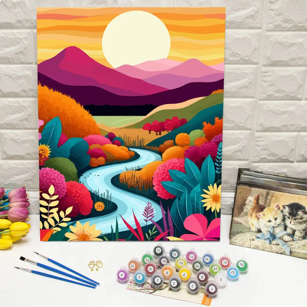لوحة زيتية بالأرقام منظر طبيعي جبلي DIY لوحة رقمية لشجرة المنزل مشهد صورة فنية على قماش هدية مرسومة يدويًا #3