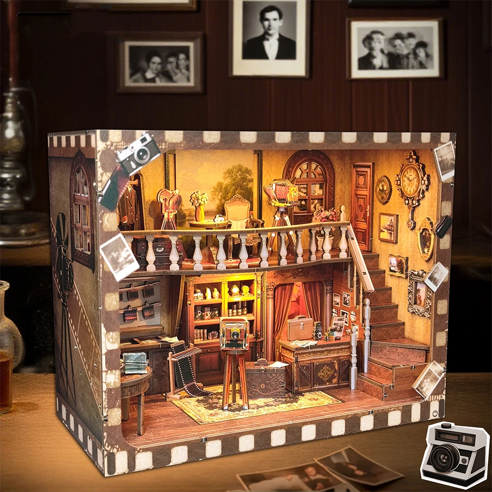 DIY Wooden Book Nook Shelf Insert Kit Nostalgic Photo Studio Bookend Miniature Model Kits Bookshelf with Light for Friends Gifts