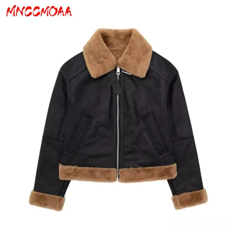 MNCCMOAA 2024 Winter Women Fashion Vintage Zipper Faux Leather Jacket Coat Female Casual Long Sleeve Pockets Top Outerwears