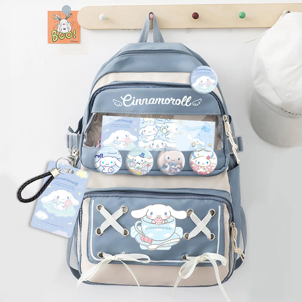 

Kawaii Cinnamoroll Anime Schoolbag With Badge Card Holder Sanrio Cartoon Bagpack Large Capacity School Bag Back-to-School Gifts