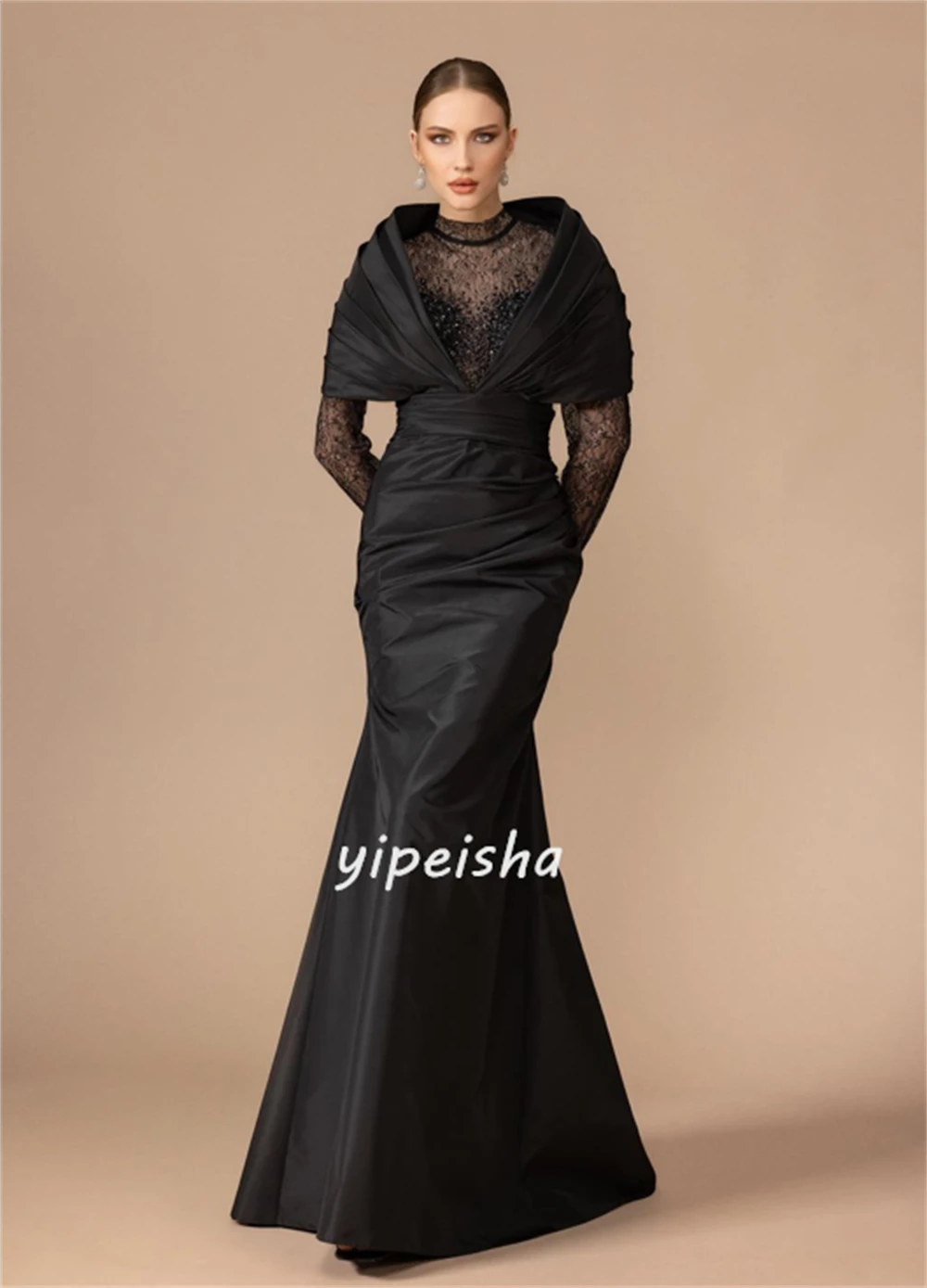 Modern Style Jersey Sequined Beading Ruched Mermaid High Collar Long Dresses Evening Dresses Pastrol Unisex Chinese Style Retro