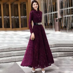 New Women Spring Summer Purple Lace Long Dress Fashion Turn-down Collar Long Sleeve Flocking Shirt Dress Elegant Beautiful Dress