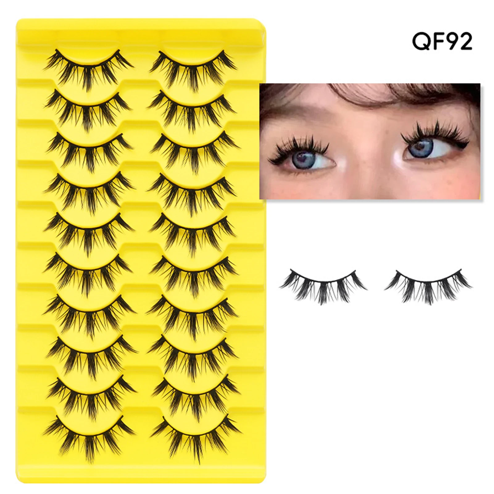 10 pares de cílios postiços graduados amarelos, tiras completas, 8-16mm, misturados, cachos c, fibra preta, leve, maquiagem cosplay