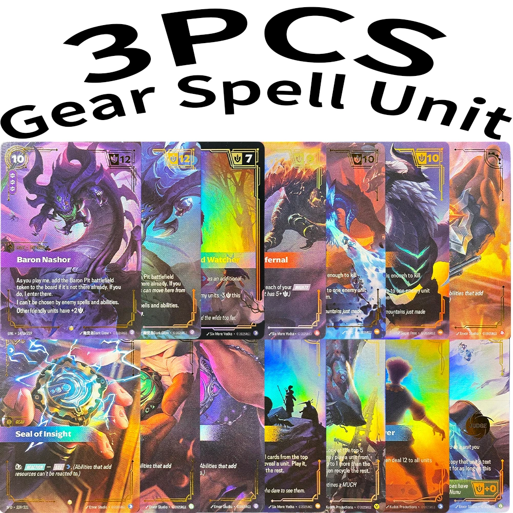 3 Cartes Foil de Jeu Magic: The Gathering Riftbound Gear Spell Unit, texturées, avec effets animés, incluant Seal of Unity, Baron Nashor, Elder Dragon
