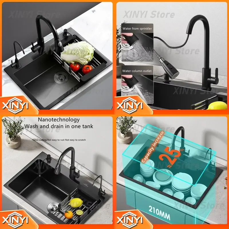 for Nano 304 Stainless Steel Kitchen Sink Matte Black Large Single Bowl Wash Basin Vegetable Sink for Home Use Kitchen Sink
