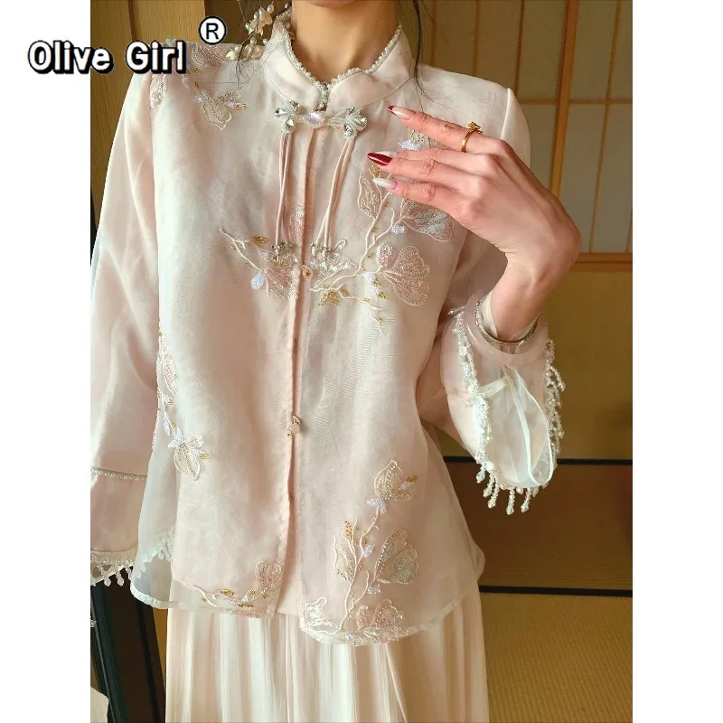 

Olivegirl Women's Outfits 2026 Summer Chinese Style Cheongsam Pink Top Short Skirt Set High End Exquisite Pink Dress