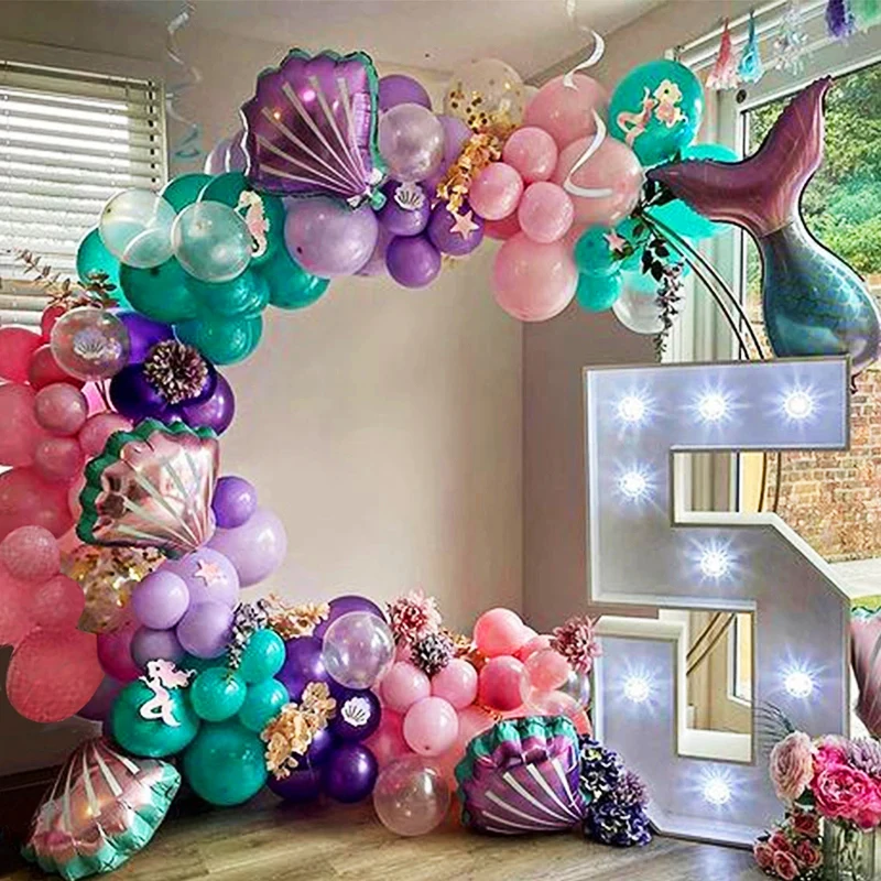 97pcs Mermaid Tail Foil Balloon 32inch Silver Number Shell Shaped Balloon Chain Set Girl Birthday Party Decoration Supplies