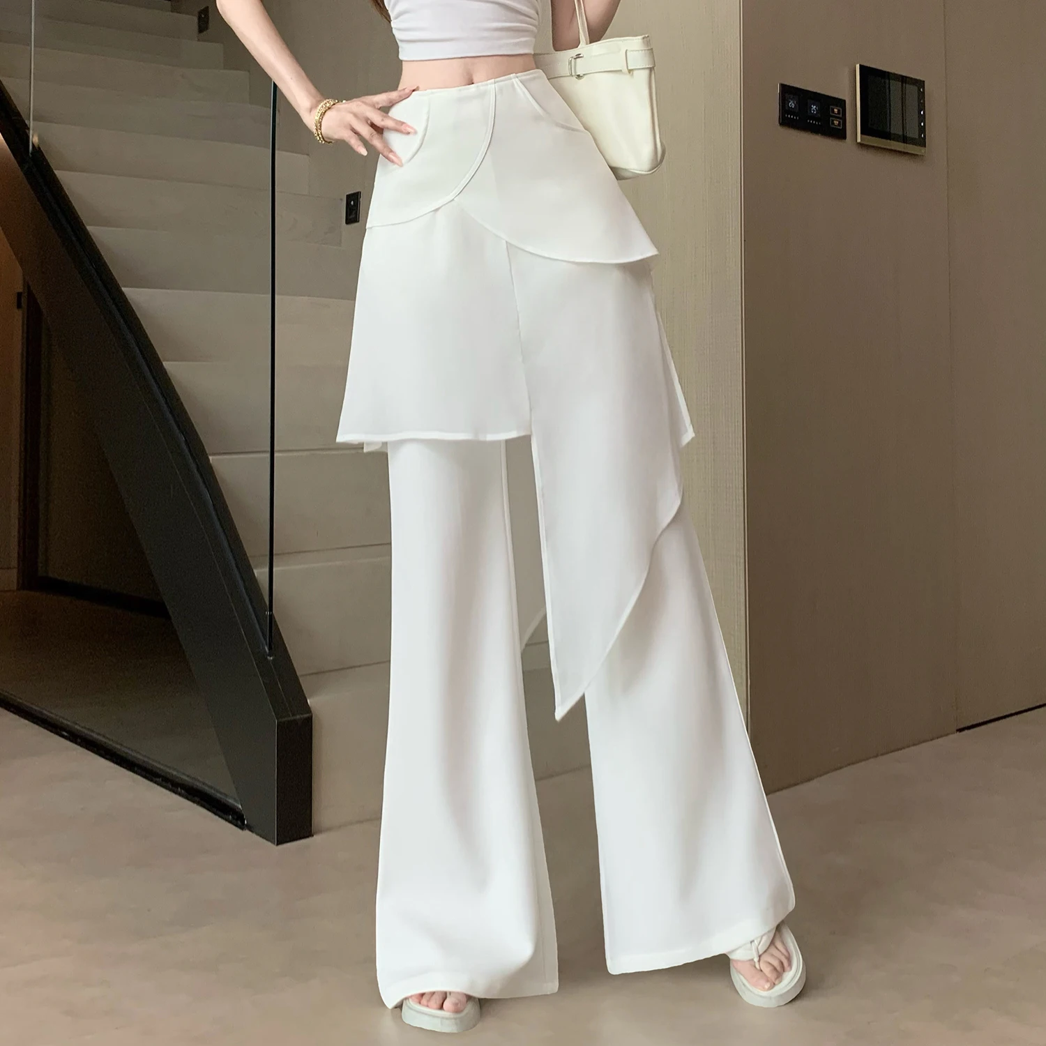 Retro High Waist Wide Leg Pants Women's Loose Straight Casual Pants Lazy Style Simple Match White Fake Two-Piece Suit