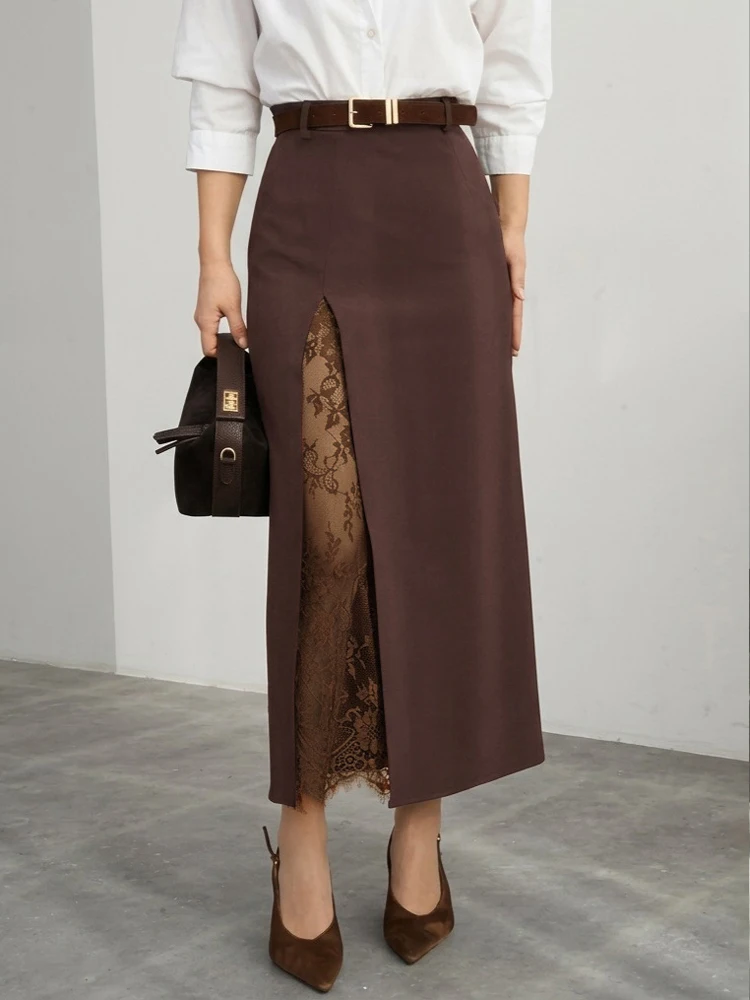 

Sexy Women Split Lace Patchwork Skirt High Waist Solid A Line Maxi Dress Hollow Out Elegant Off Lady Fashion Casual Skirt