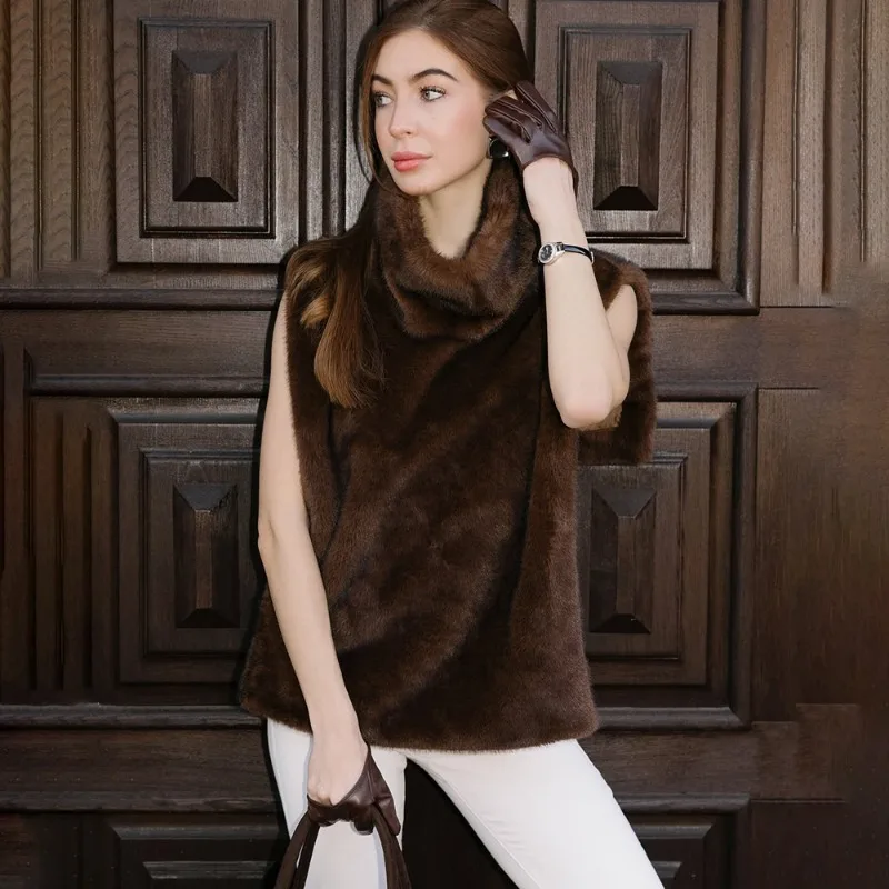 

Talenza High-Neck Fur Vest Fashion Vintage Brown Faux Fur Patchwork Sleeveless Vest Chic Streetwear Autumn Winter Women Fur Vest