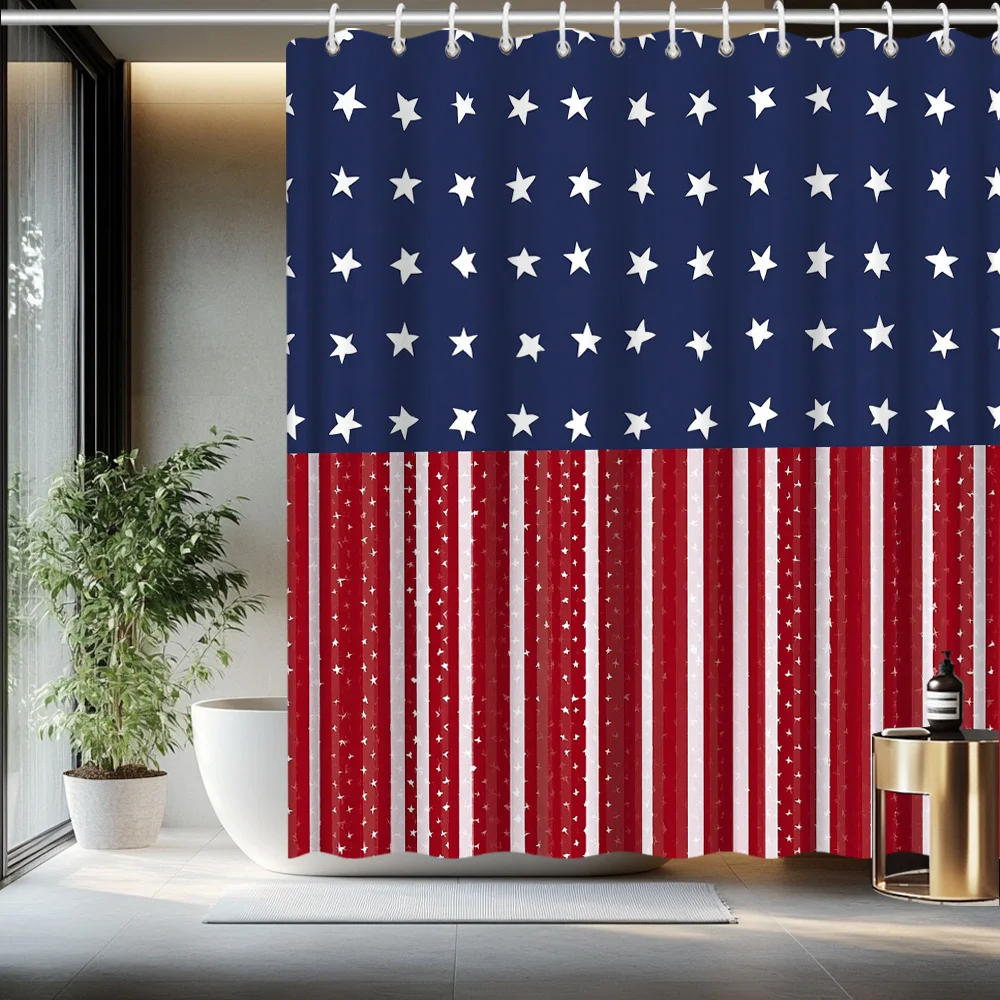 

Independence Day Star Stripes American Flag Shower Curtain Red White Blue Polyester Bathroom Decor Patriotic Holiday Home Design