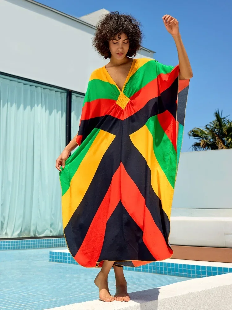 EDOLYNSA Colorful Bohemian Women Striped Butterfly Sleeve Loose Kaftan Dress Outfits House Dress Bathrobe Beach Cover-ups Q1618