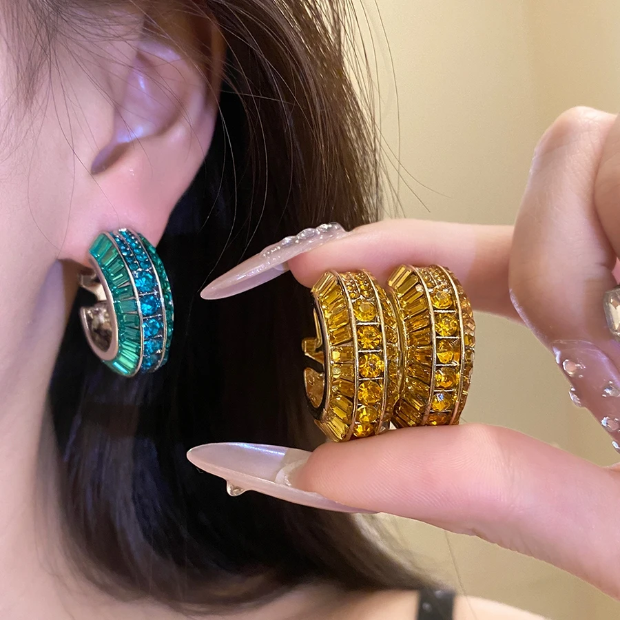 Light Luxury Emerald & Citrine Color Crystal Hoop Earrings With Baguette & Round Cut Elegant Daily For Dating Commute