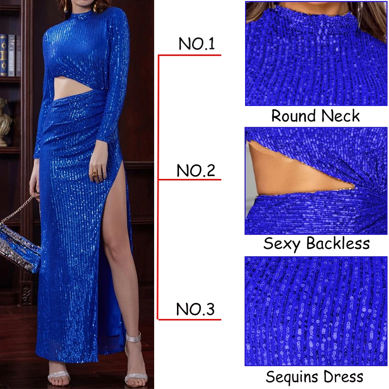 2024 Royal Blue Diamond Long Dress paillettes Shinning Wedding Ball Prom Gown per le donne manica lunga Sexy scava fuori abiti formali