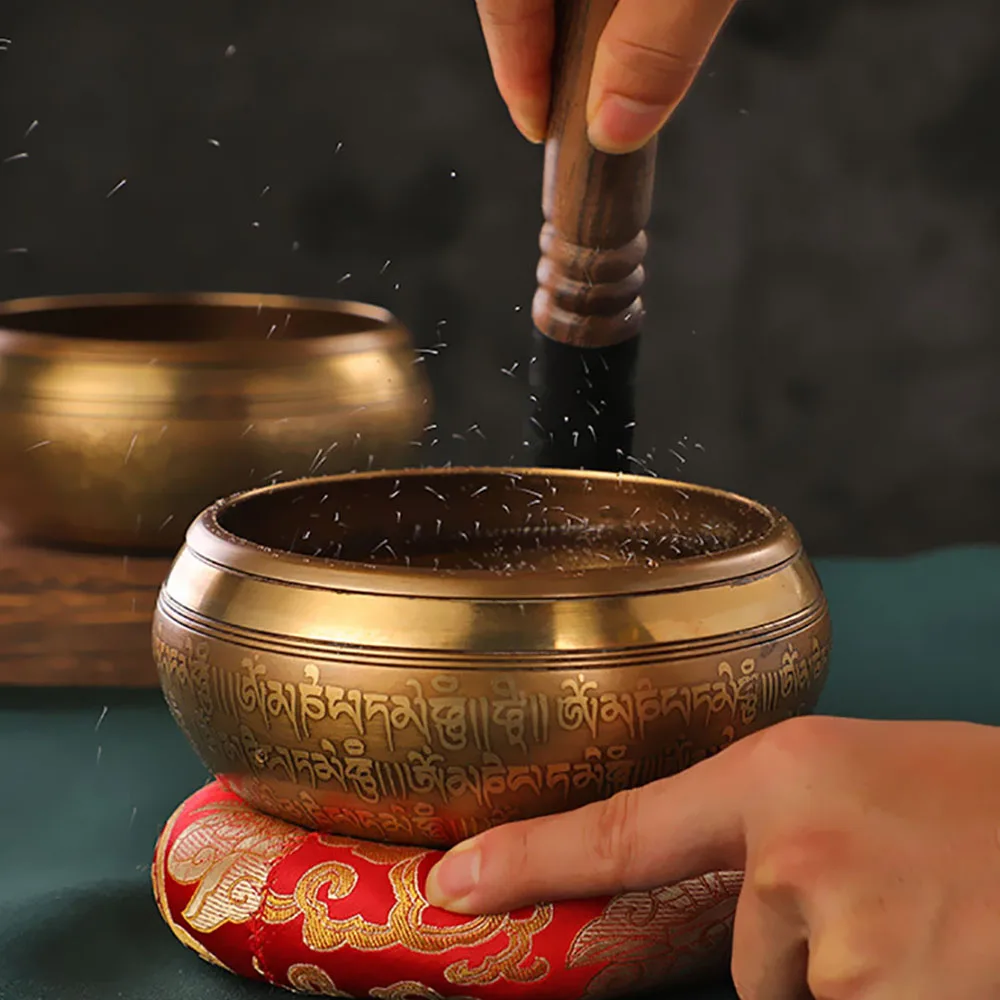 Tibetan Nepal Singing Bowl Set Sutra Cross Pestle Handmade Buddha Mantra Design Tibetan Bowl for Yoga Chanting Meditation