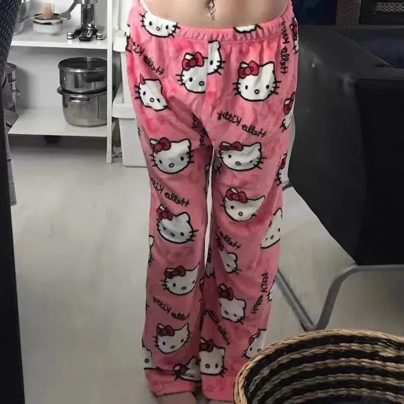 Halloween autumn and winter warm flannel sleeping pants female cute Hello Kitty loose student casual home pants walking pants view 4