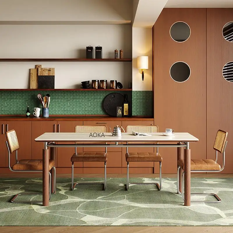 

Solid wood rock slab dining table and chair combination travertine antique stainless steel ash wood designer new dining table