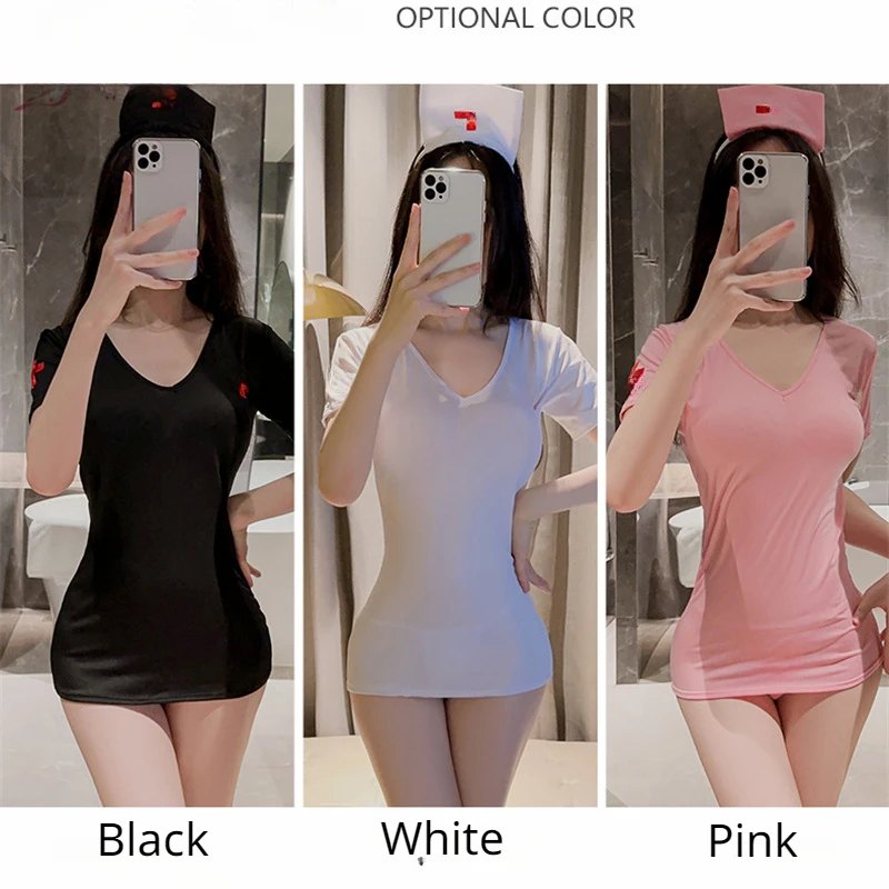 Sexy Dress Women Lingerie Elastic Nurse Uniform Temptation Role-Playing Passionate Hot Lady Hollow Pajama Dresses Nightwear Set