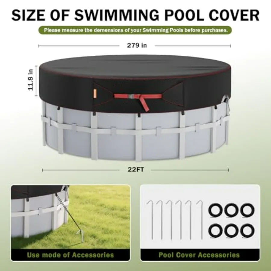 Above ground pool cover for 22 ft round pools, solar thermal cover made of UV-resistant blue polyethylene with windproof rope t
