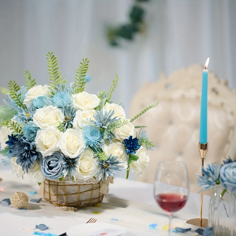 Blue rose artificial flower combination box set, bride bouquet, outdoor/indoor DIY center piece, flowers for decoration