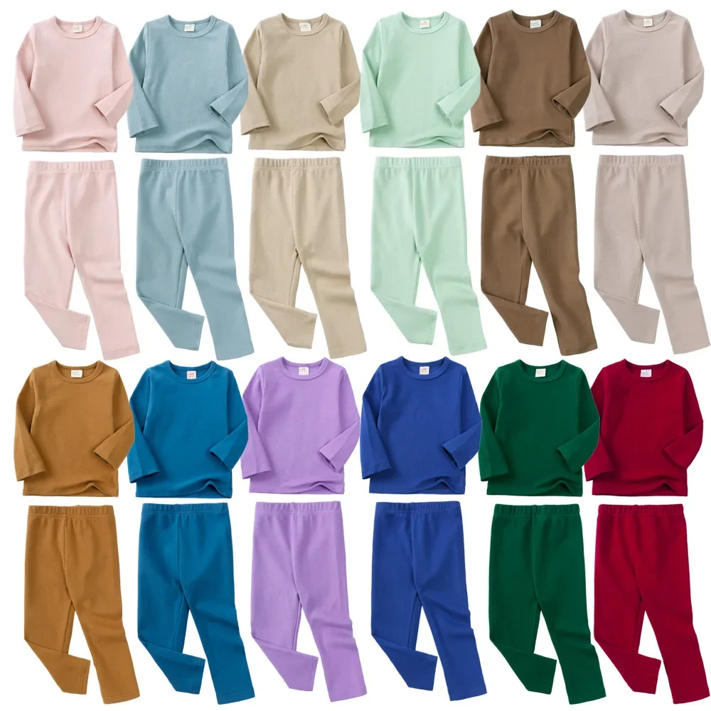 

2025 Autumn Kids Basic Pajamas Sets Soild Cotton Warm Toddler Boys Girls Sleepwear Suit Long Sleeve Homewear Children Clothing