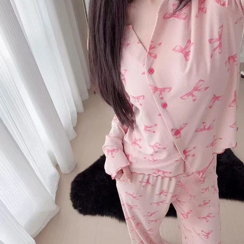 

Комплект из двух предметов с принтом в виде бантиков, женская ночная одежда, модная домашняя одежда с V-образным вырезом, брюки с длинными рукавами, комплект для отдыха