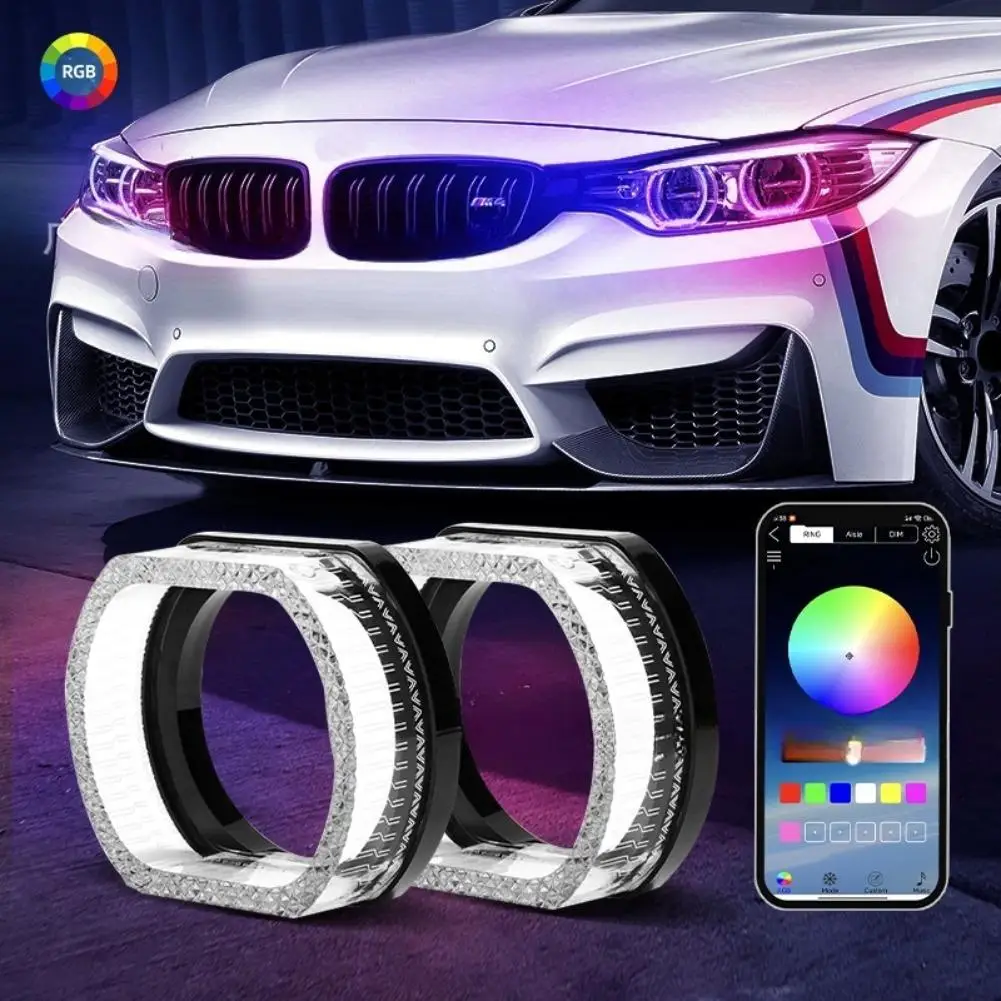 Anillos de Halo de Ojos de Ángel LED RGB 5D de 3 pulgadas, cubiertas rectangulares DRL con luz de señal de giro, cubiertas de Halo de Control por aplicación para faros de coche