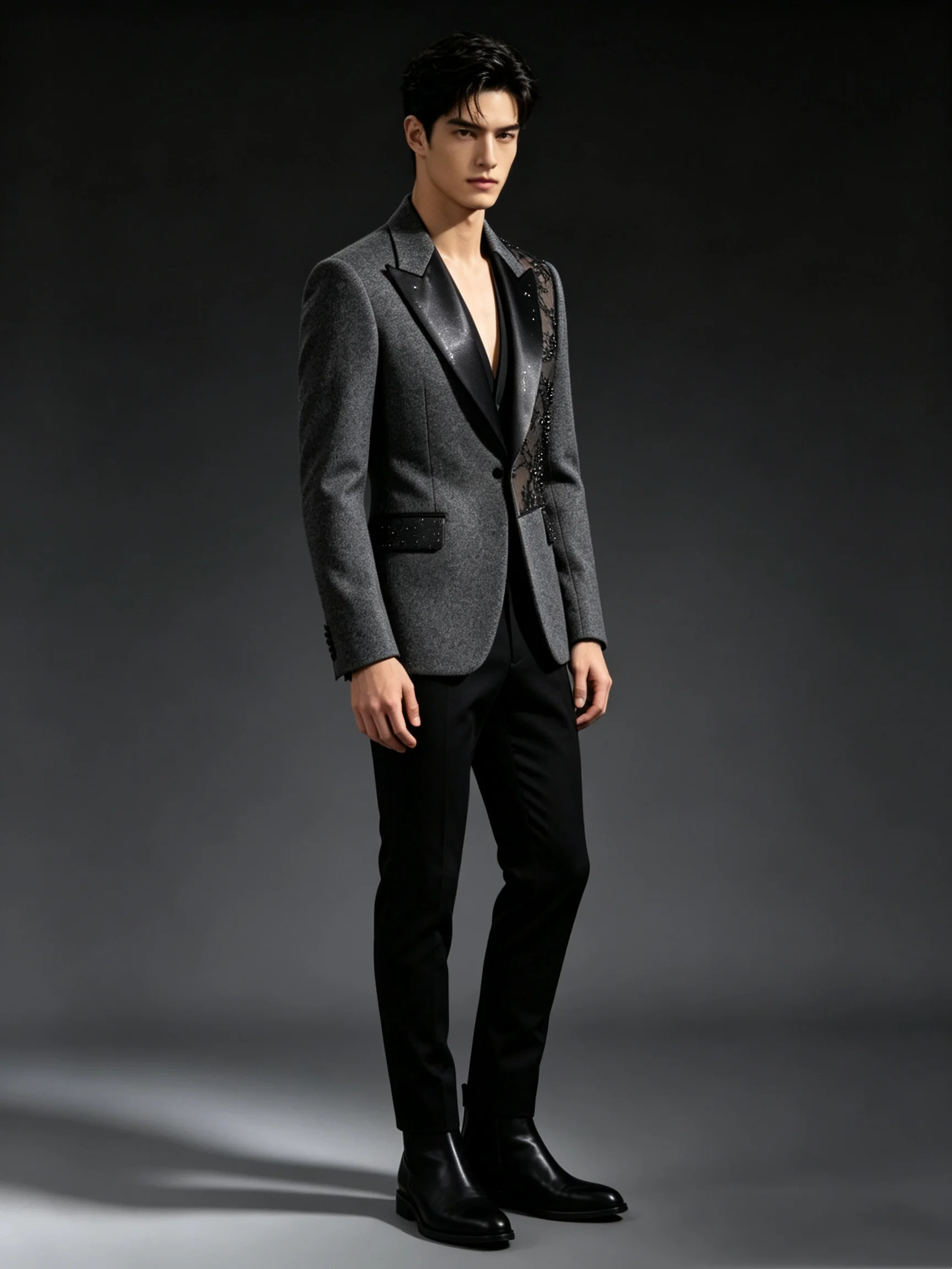 Luxury Grey Lace Men Suits Pants Set 2 Pcs Blazer+Trousers Cotton Prom Wedding Tuxedos Jacket Formal Office Business Coat Outfit
