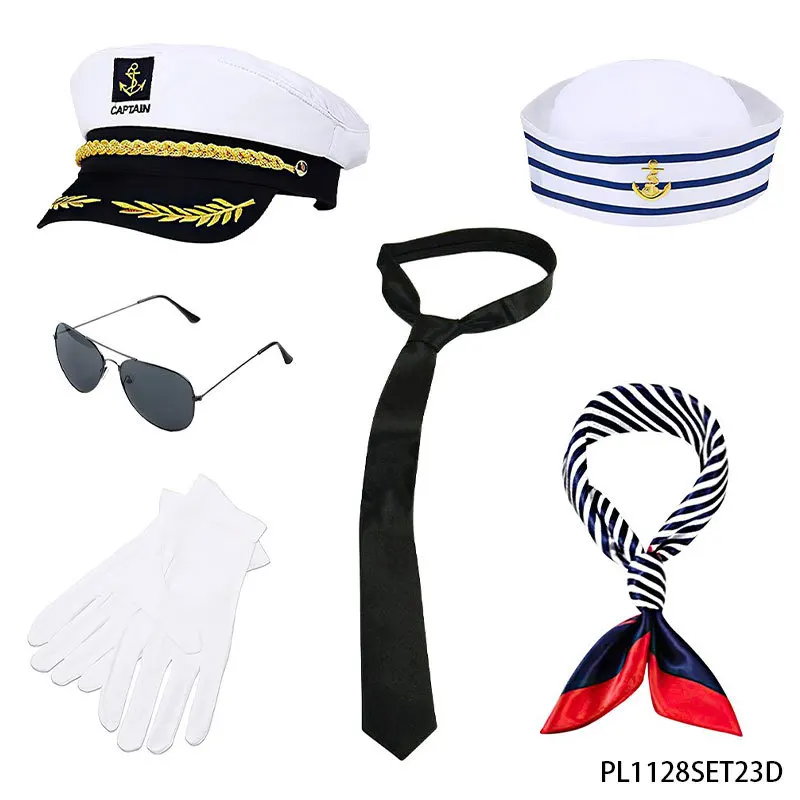 Ensemble de casquette militaire de capitaine de marins blancs, fournitures de robe de paupières de fête, chapeau d'agent de bord de rêves, accessoires d'écharpe trempés, jeu de pli de cosplay